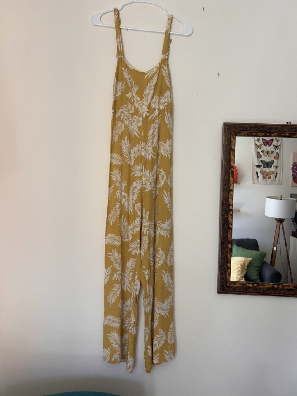 Olivaceous Mustard Palm Leaf Print Rayon Wide Leg Open Back Jumpsuit Size M